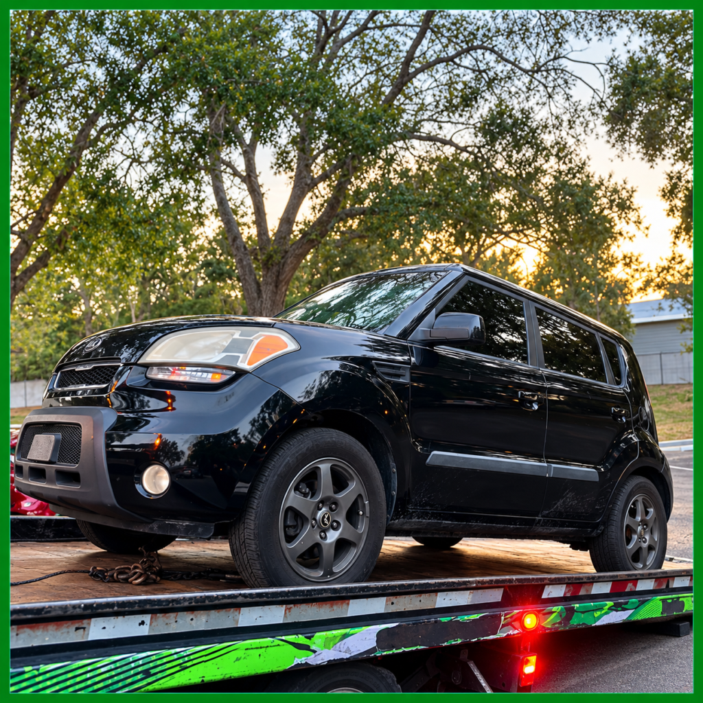 Black SUV loaded onto a flatbed tow truck for vehicle transport