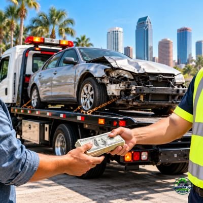 Cash for Car Tampa offering cash for a damaged car with tow truck pickup in Tampa, Florida