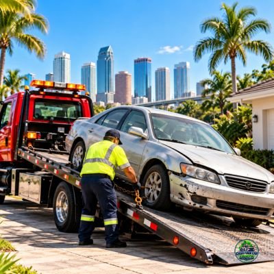 Cash for Car Tampa tow truck removing a damaged sedan in Tampa, Florida