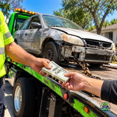 Damaged vehicle being transported on a tow truck for Cash Four Car Tampa cash-for-junk-cars services.