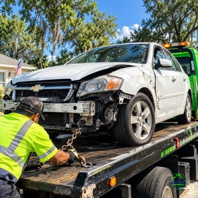 Damaged black SUV secured on a flatbed tow truck for Cash Four Car Tampa vehicle removal services.