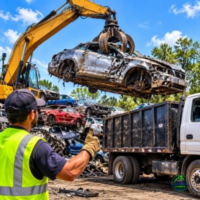 Old damaged car being handled at a scrapyard, illustrating scrap vehicle services for Cash Four Car Tampa.