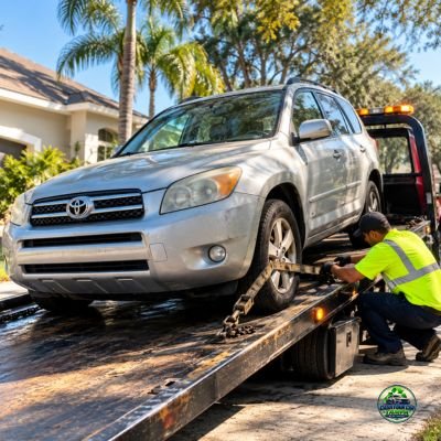Silver SUV secured on a flatbed truck for a vehicle pickup by Cash Four Car Tampa.