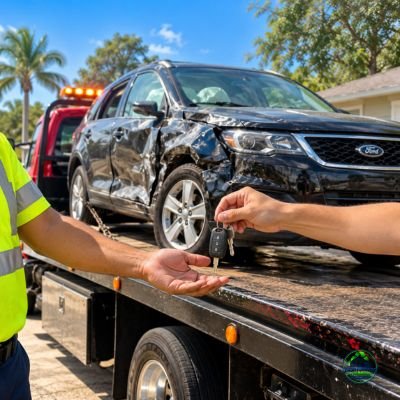 Vehicle being transported on a flatbed tow truck for Cash Four Car Tampa car buying services.