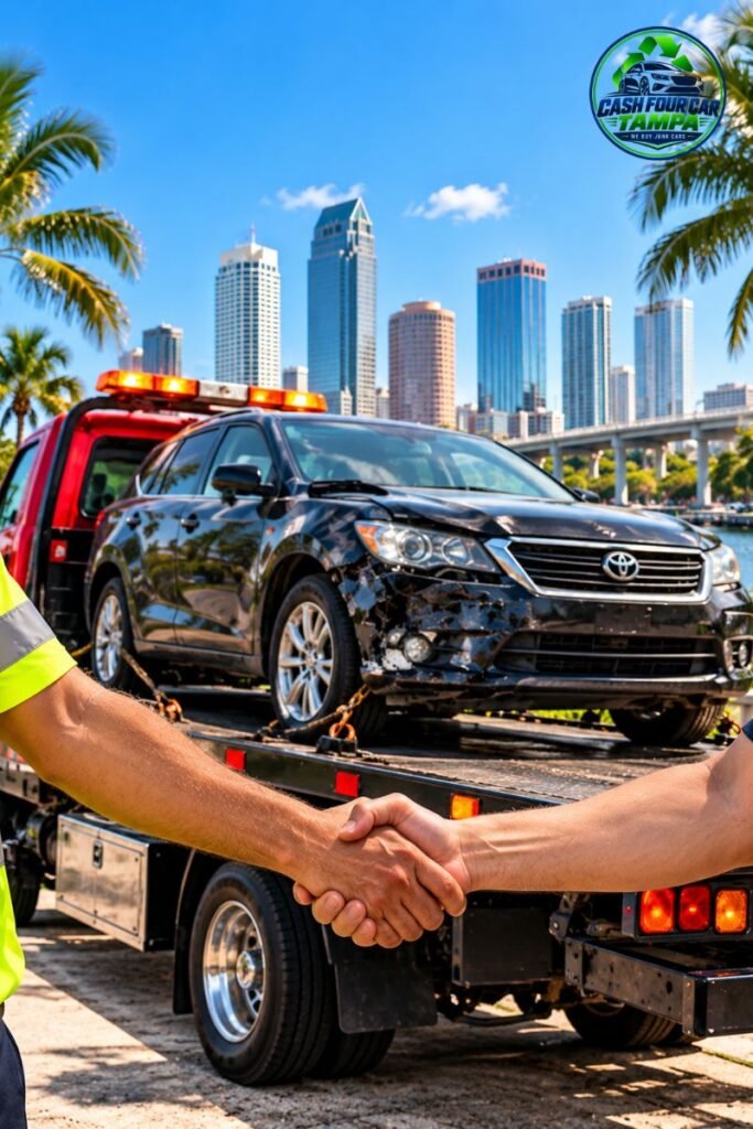 A professional vehicle pickup scene representing Cash Four Car Tampa's commitment to reliable service and convenient junk car removal.