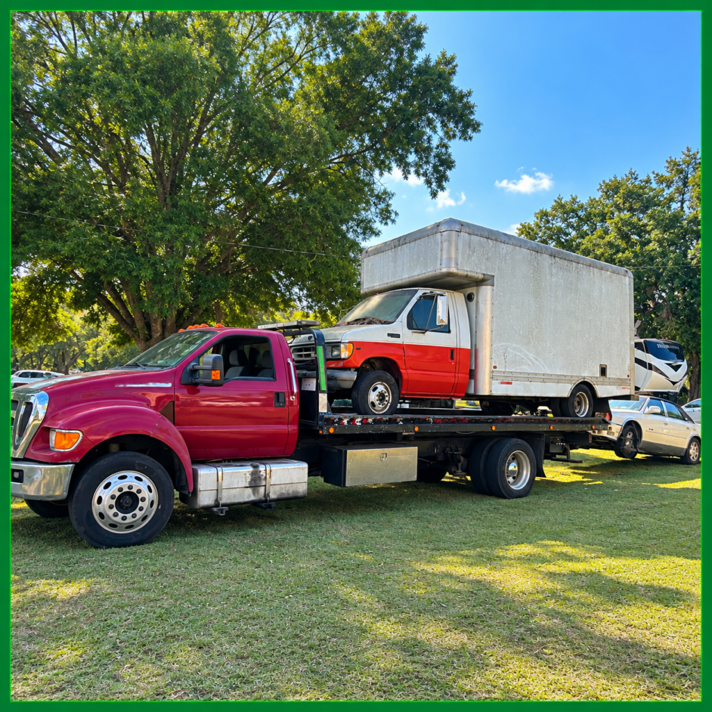 Maroon flatbed tow truck transporting a red-and-white box truck