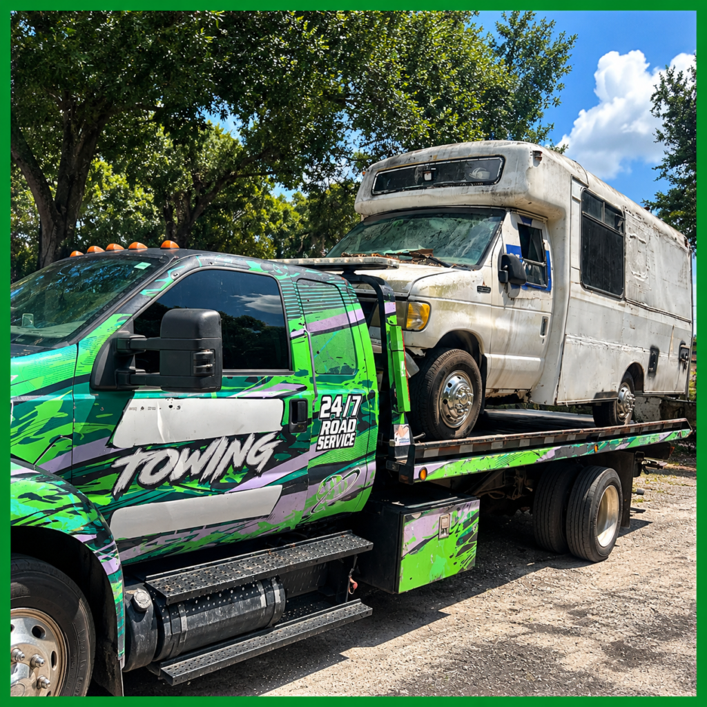 Green-wrapped flatbed tow truck carrying a large white recreational vehicle